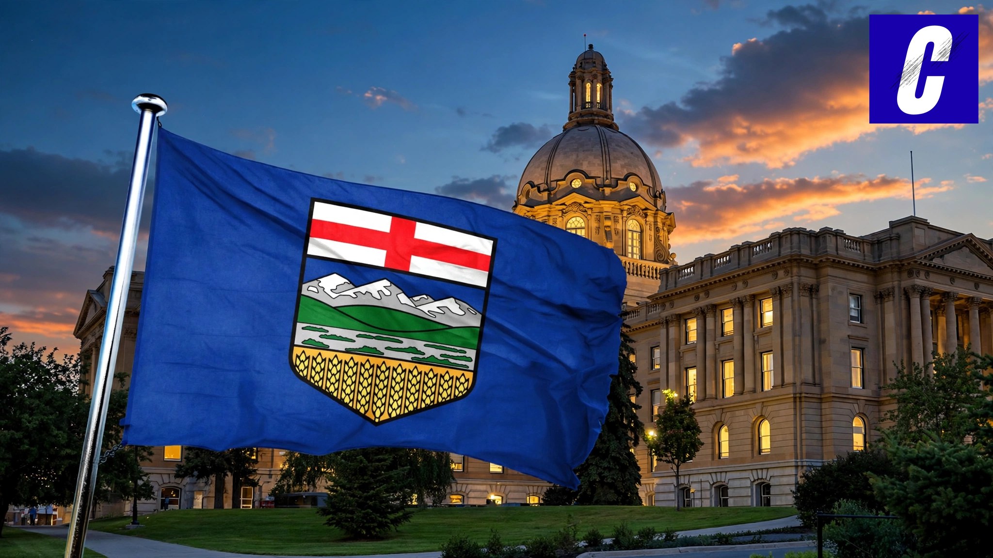 Alberta flag waving in front of the Alberta Legislature Building in Edmonton at dusk