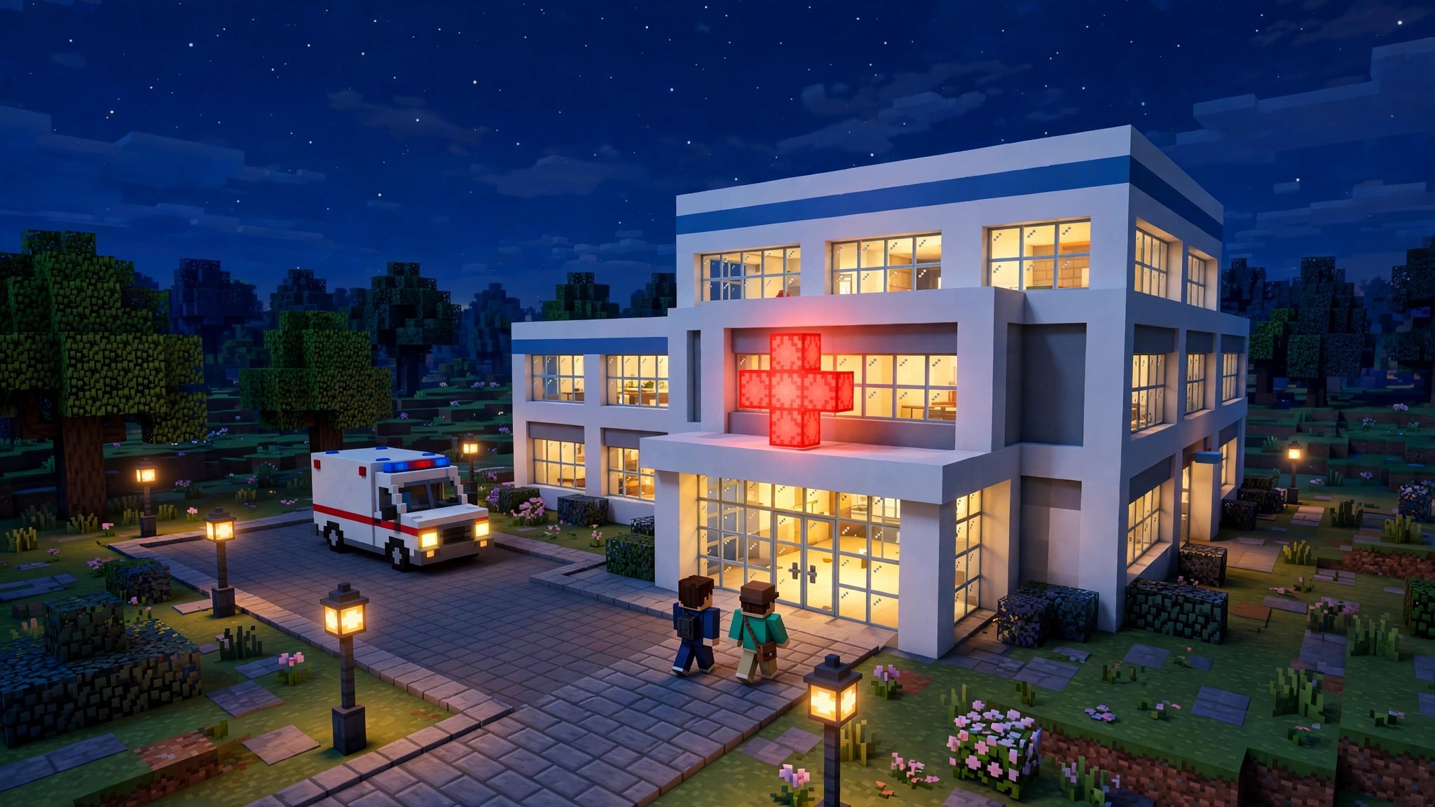 Brookhaven new hospital at night in Roblox with an ambulance outside