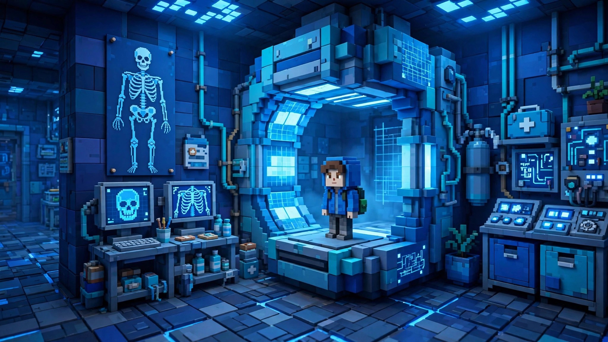 Brookhaven X-ray room glowing blue with a player inside the scanner in Roblox
