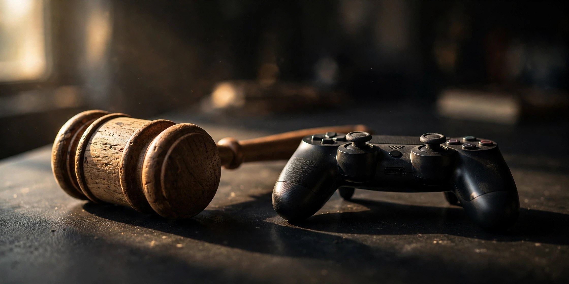 A judge's gavel beside a game controller — Take-Two pursued subpoenas against Discord, X, Google and Microsoft to identify the GTA 6 leaker