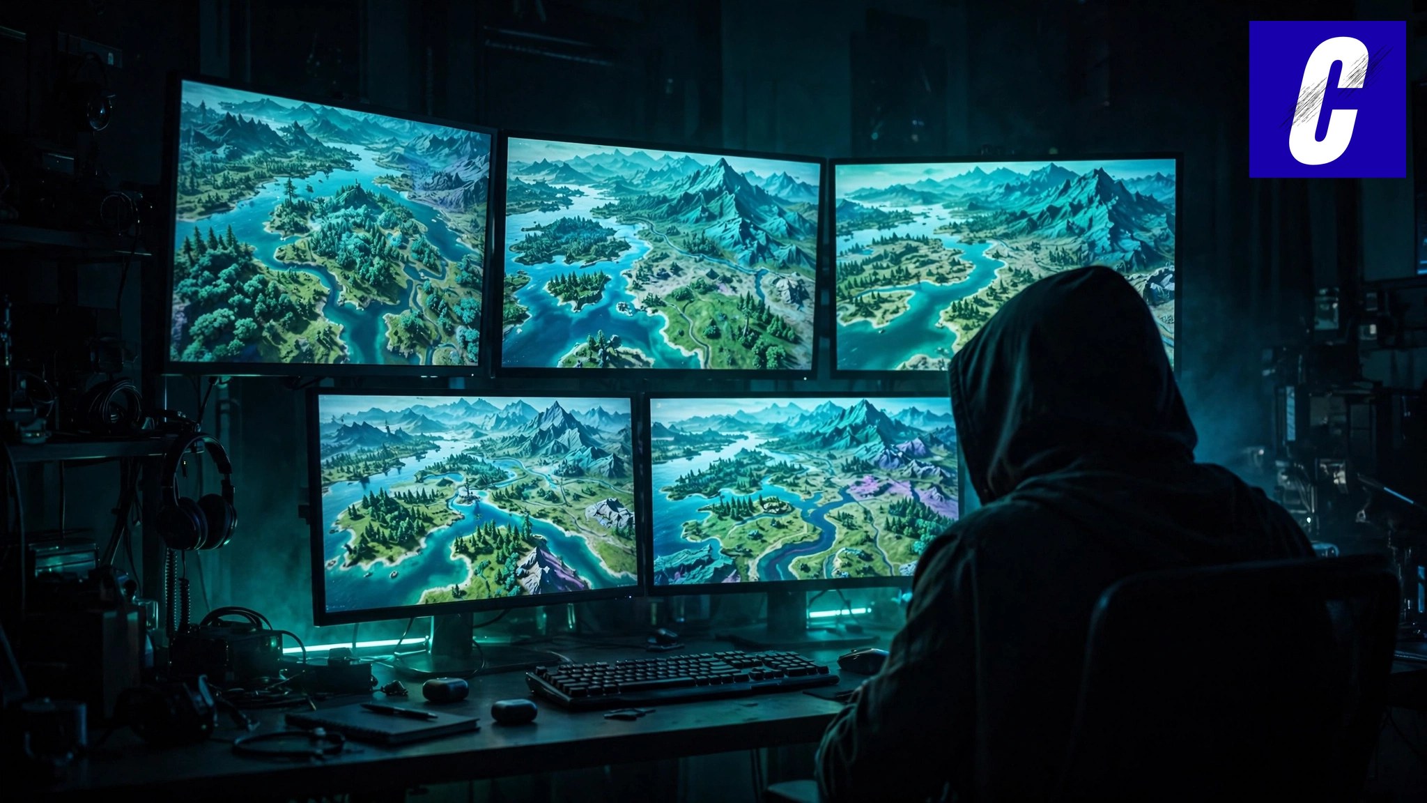 A hooded figure before monitors showing a game world map — Cyberleek leaked GTA 6 gameplay anonymously for two months