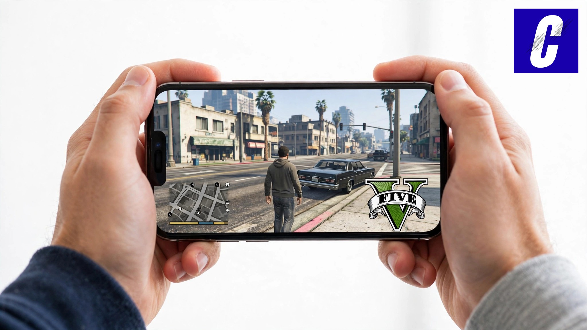 GTA 5 gameplay on an iPhone with the GTA V logo — how to play GTA 5 on iPhone natively