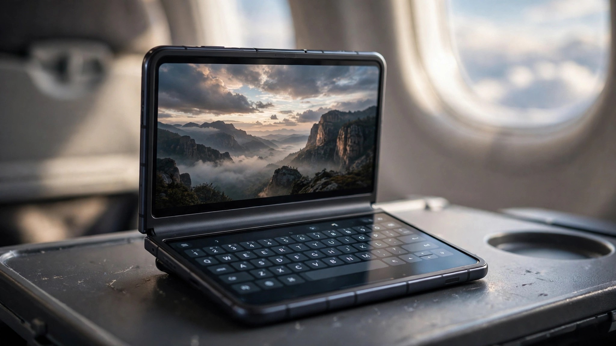 iPhone Duo half folded like a mini laptop on a flight tray table