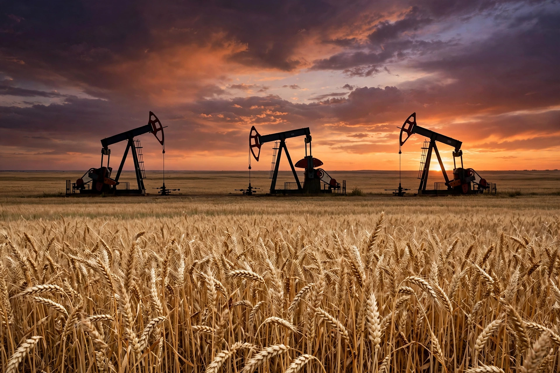 Oil pumpjacks at sunset on the Alberta prairie, where energy drives the province's economy and its long argument with Ottawa