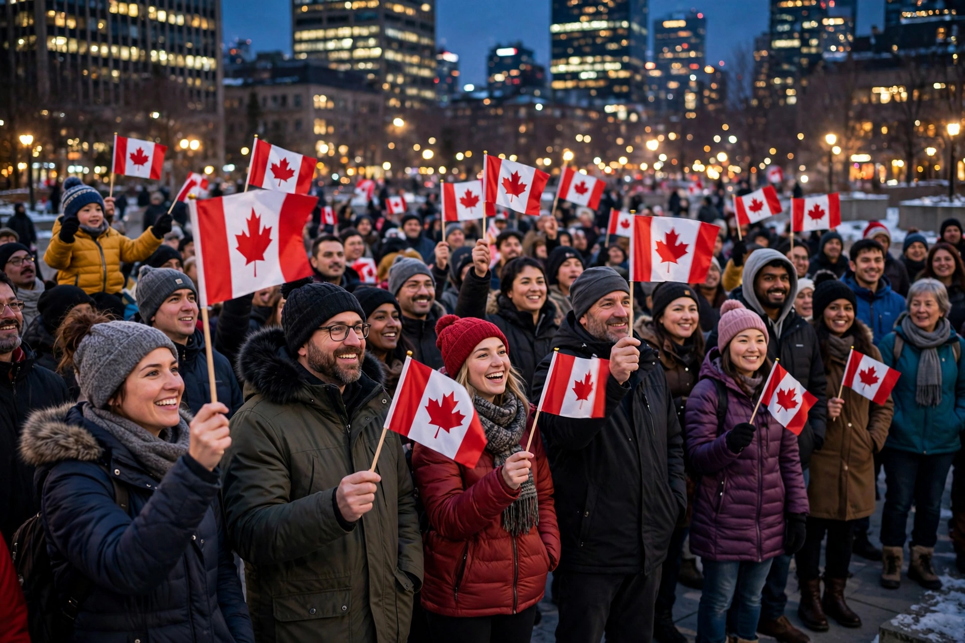 A crowd waves Canadian flags at an evening unity rally