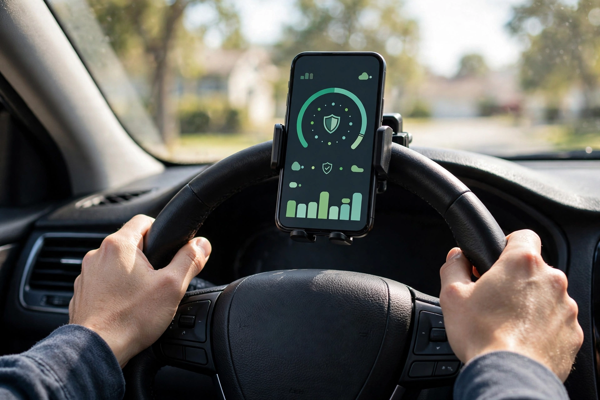 Smartphone with a telematics driving-score app mounted in a car
