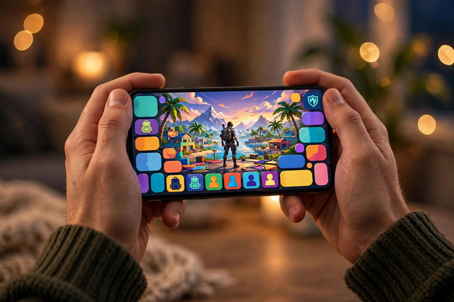 A player holds a phone showing a battle royale game lobby — PUBG Mobile Flash is built for phones with limited storage