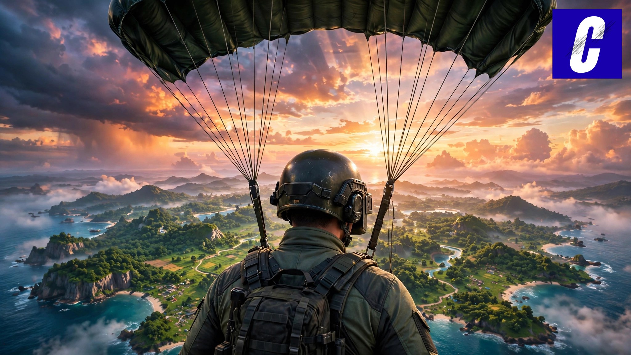 A battle royale player parachutes toward an island at sunrise — PUBG Mobile Flash brings the full game in a download under 1 GB